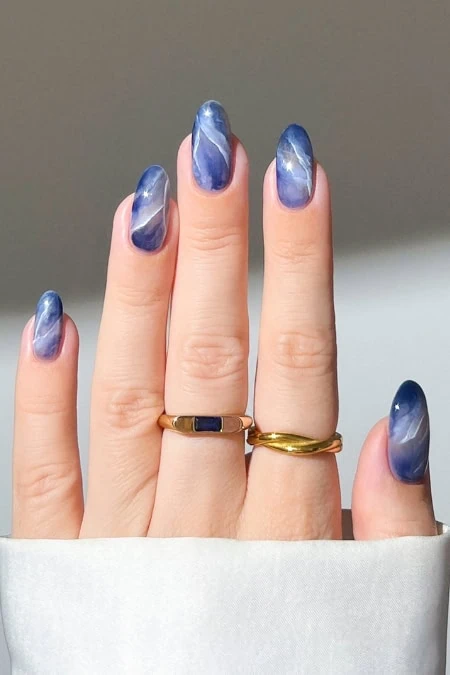 Deep Blue Swirling Marble — Winter Marble Nails