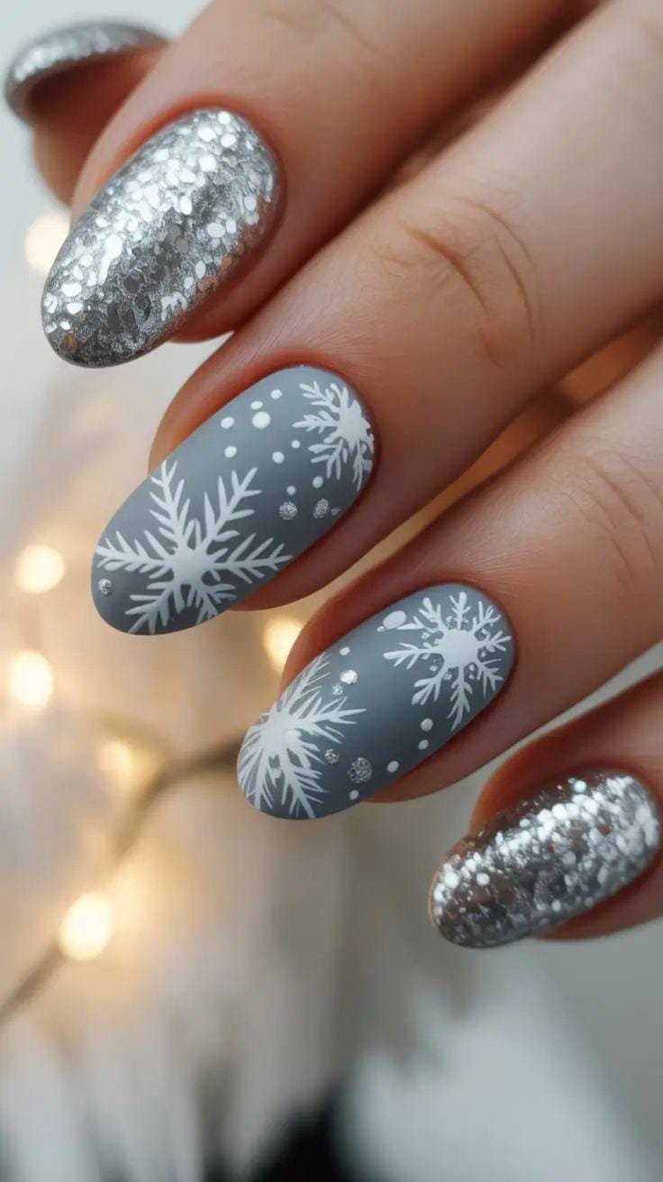 Winter Matte Gray Snowflake Glitter Oval Nails Winter Matte Gray Snowflake Glitter Oval Nails — Winter Gray Nails