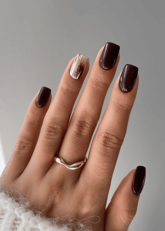 Deep Brown Nails with Gold Accent — Winter Nail Colors for Women Over 40