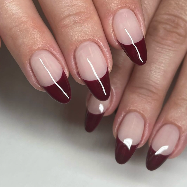 Red French Tips on Sheer Nude Base Red French Tips on Sheer Nude Base — Winter Red Nails