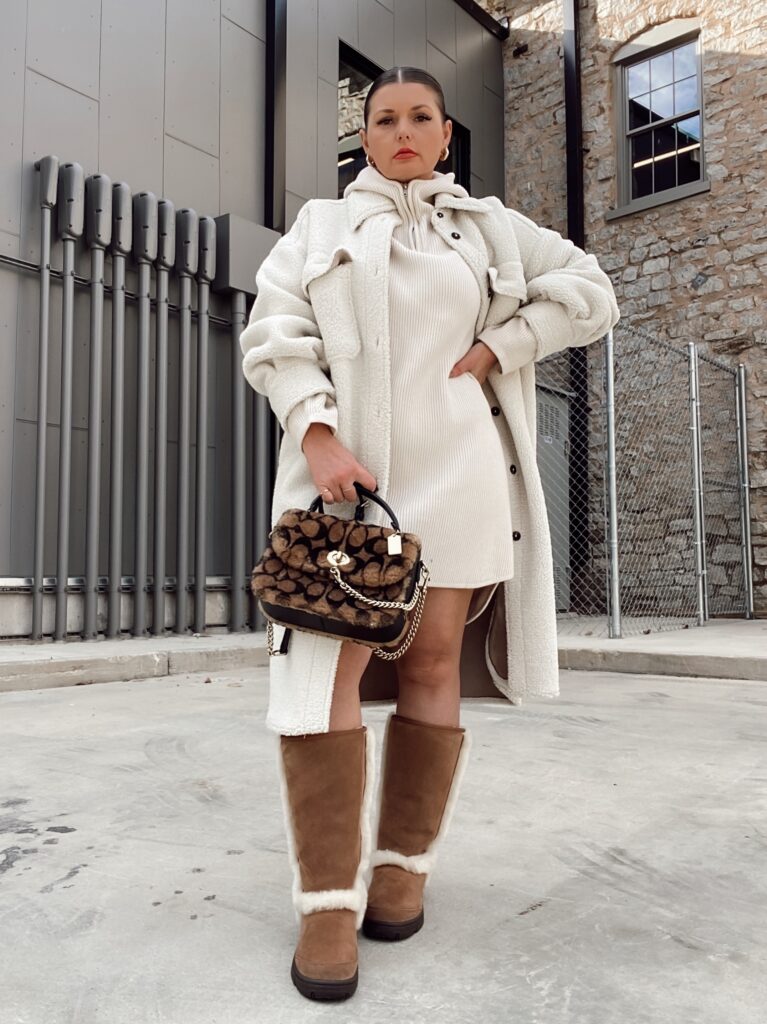 Teddy Coat Over Ribbed Dress and Hoodie for Ultimate Cabin Comfort Teddy Coat Over Ribbed Dress and Hoodie for Ultimate Cabin Comfort — Cabin Trip Outfits