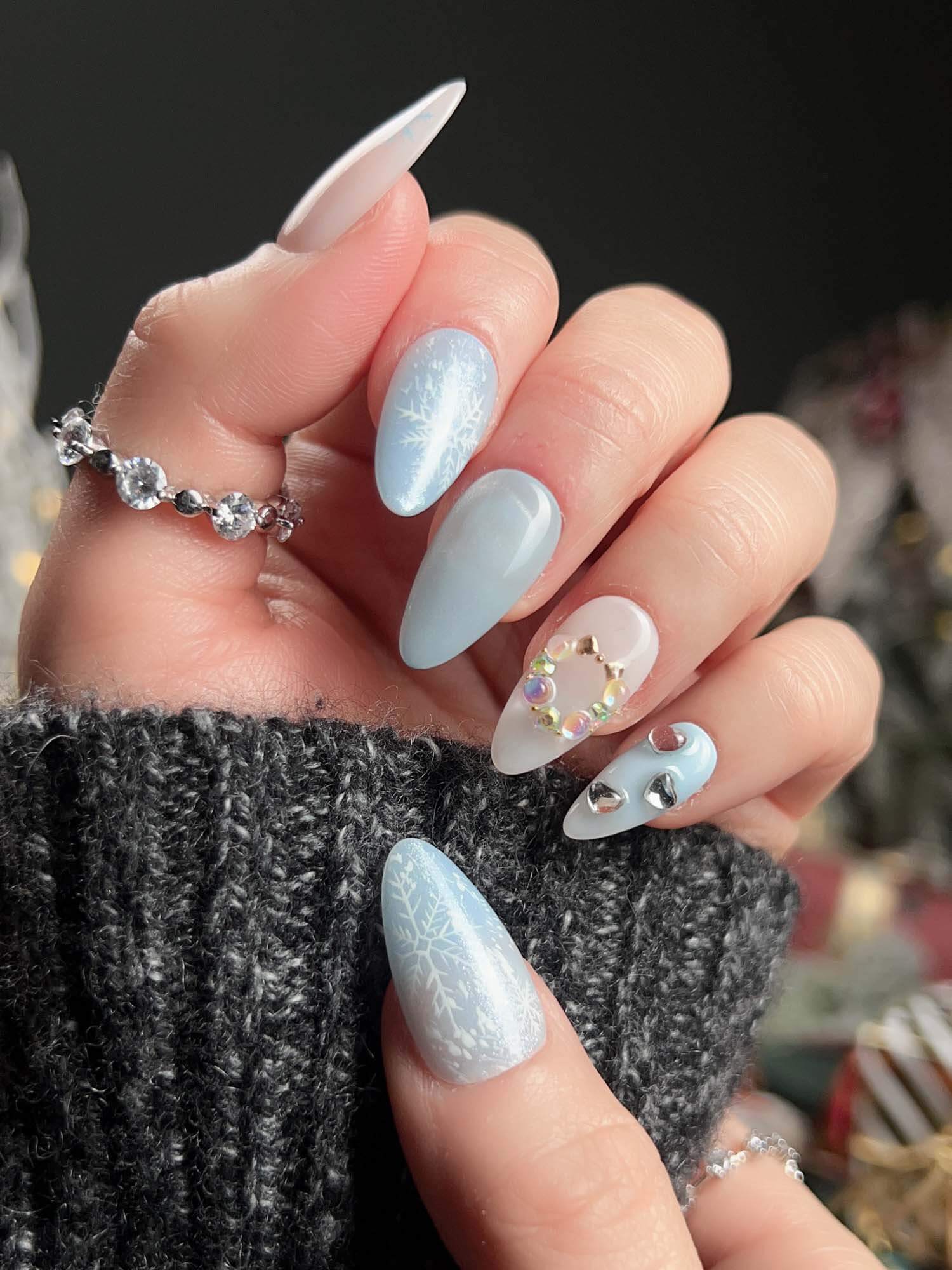 Icy Blue Almond Nails With Snowflakes and Gems — Winter Almond Nails