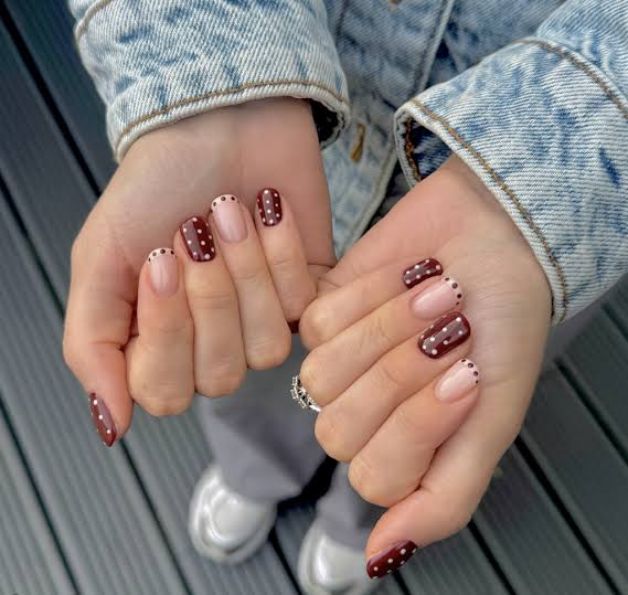 Nude Dark Brown Polka Dot Almond Nails Nude Dark Brown Polka Dot Almond Nails — Winter Nails