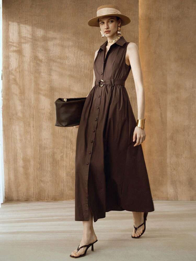 Effortless Elegance: Chocolate Brown Belted Shirt Dress for Sunny Days — Chocolate Brown Outfits