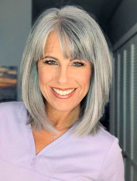 Grey Long Bob With Full Fringe Grey Long Bob With Full Fringe — Winter Hairstyles for Women Over 70