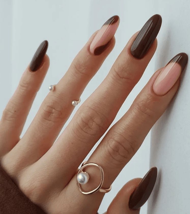 Deep Brown & Pink Sheer Base French — Winter Nail Colors for Pale Skin