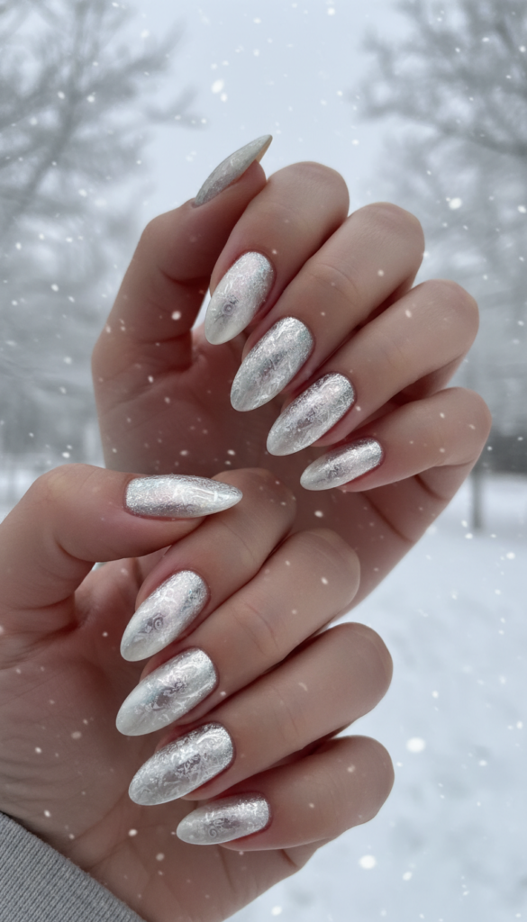 Pale Silver Shimmering Textured Almond Nails Pale Silver Shimmering Textured Almond Nails — Winter Gel Nails