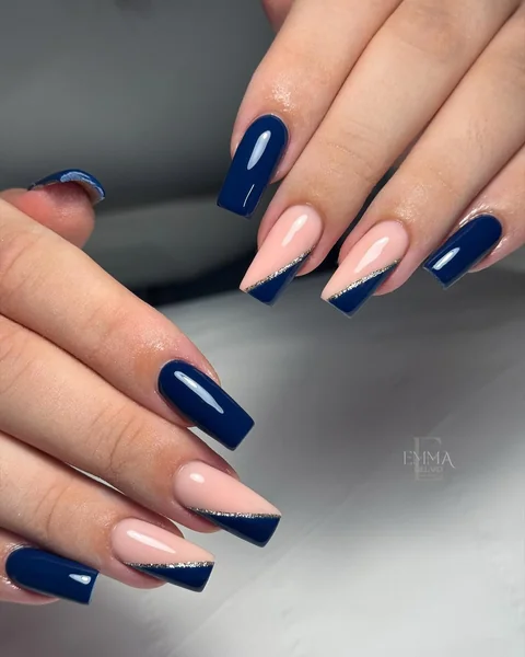Long Coffin Color Block Navy Pink — Navy Blue Nails