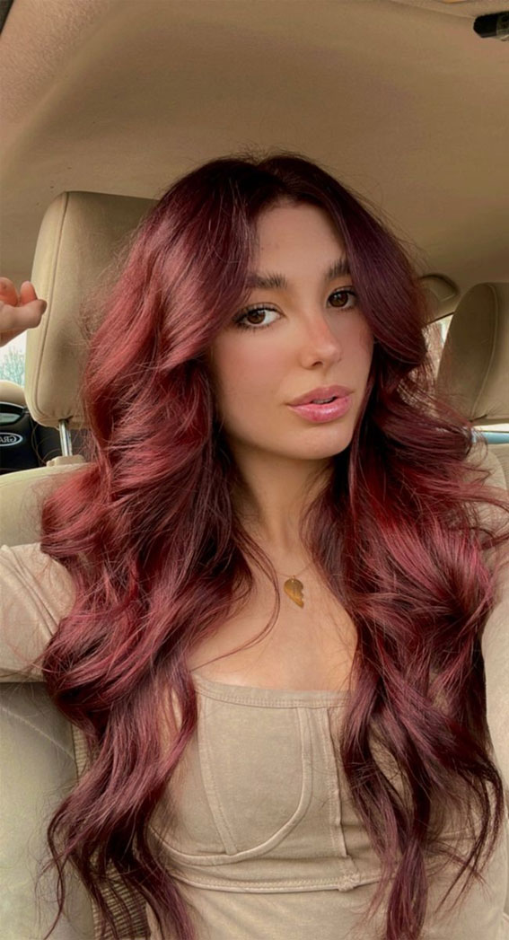 Long Layered Burgundy with Curtain Bangs Long Layered Burgundy with Curtain Bangs — Burgundy Hair Color