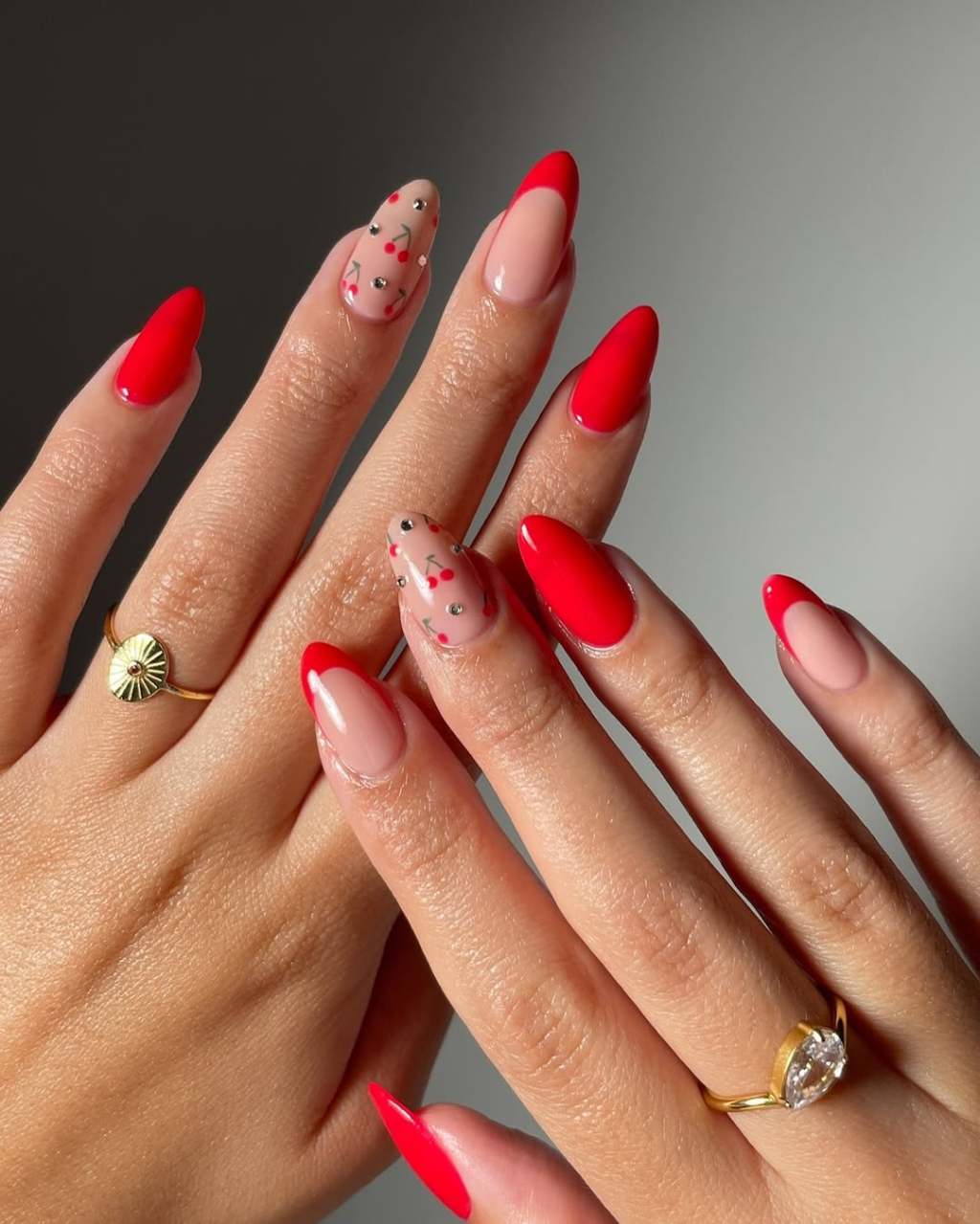 Bright Red French Tips with Cherry Rhinestones Bright Red French Tips with Cherry Rhinestones — Cherry Red Nails