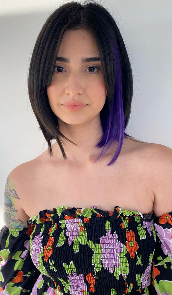 Dark Bob With Violet Peekaboo — Winter Hair Colors for Short Hair