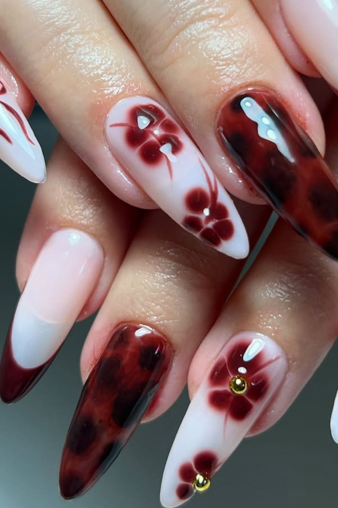 Tortoiseshell & Floral Art Stilettos Tortoiseshell & Floral Art Stilettos — Black Cherry Nails