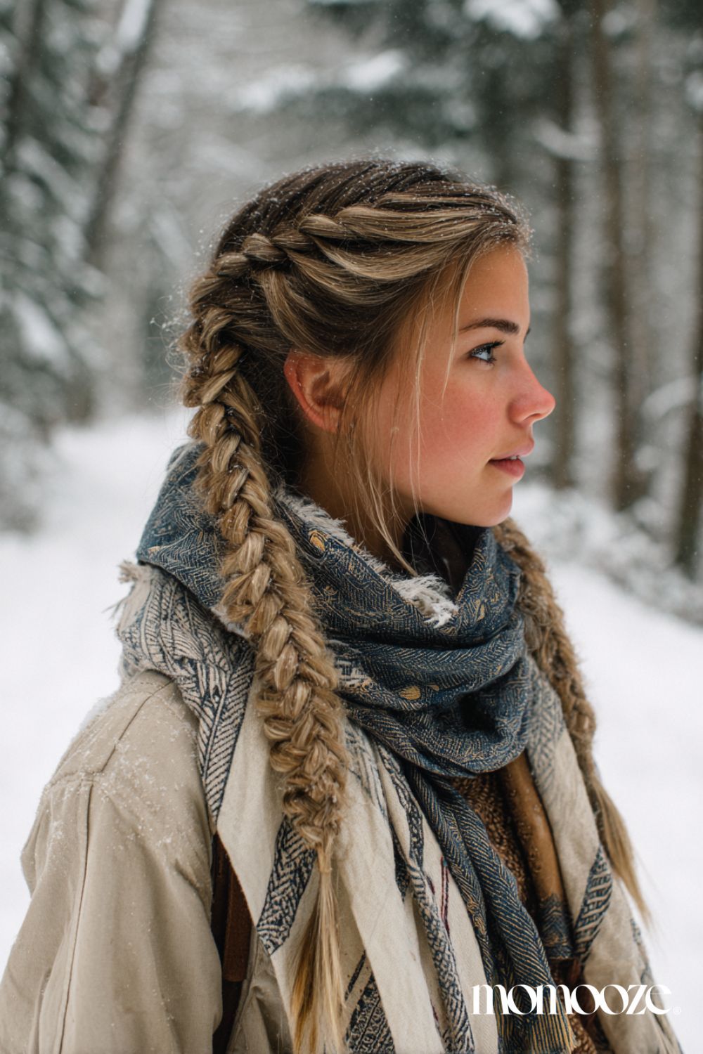 Ash Blonde Dutch Braids with Wispy Bangs Ash Blonde Dutch Braids with Wispy Bangs — Winter Hairstyles with Scarf