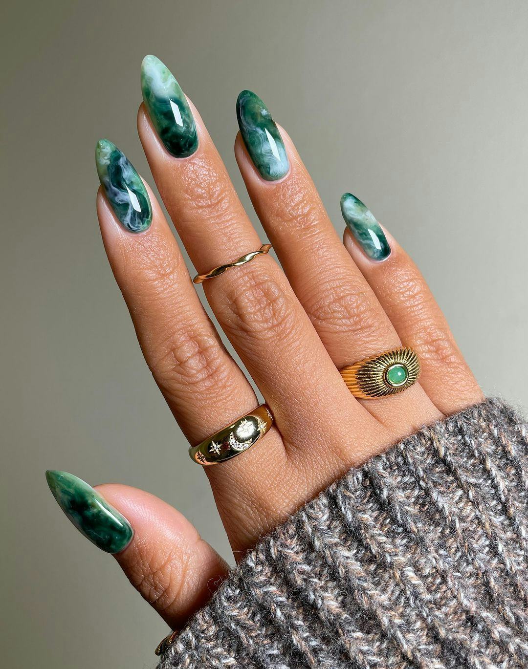 Jade Marble Effect Almond — Emerald Green Nails