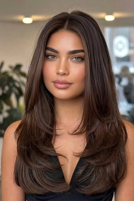 Mid-Back Brown With Feathered Layers — Winter Hairstyles for Round Faces