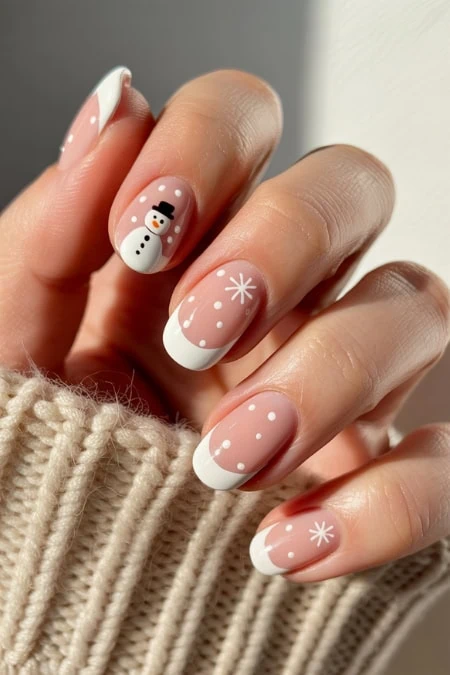 Snowman Decal Sheer Pink Oval Nails — Winter Wonderland Nails