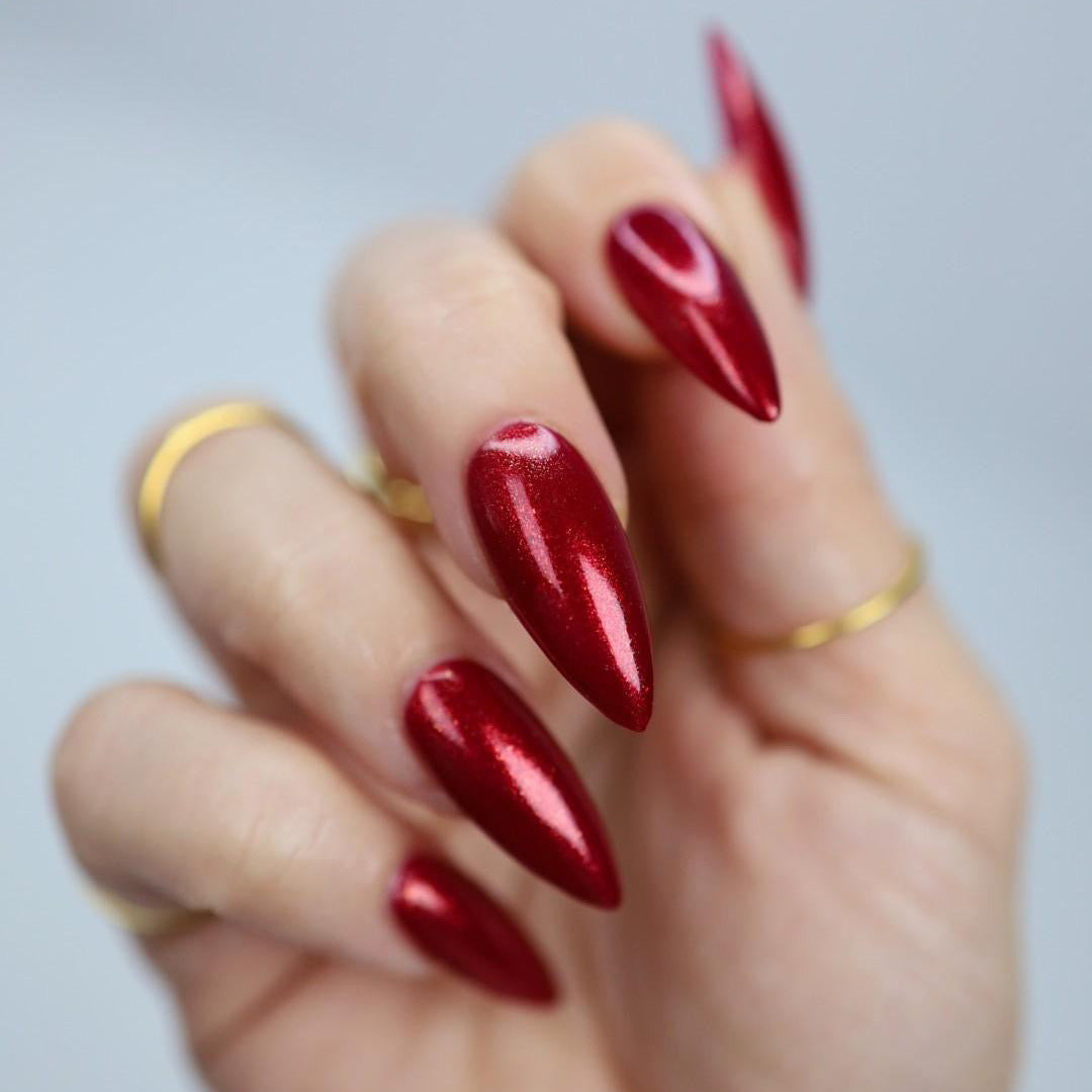 Shimmer Glossy Shimmering Cranberry Red Stiletto Nails — Winter Formal Nails
