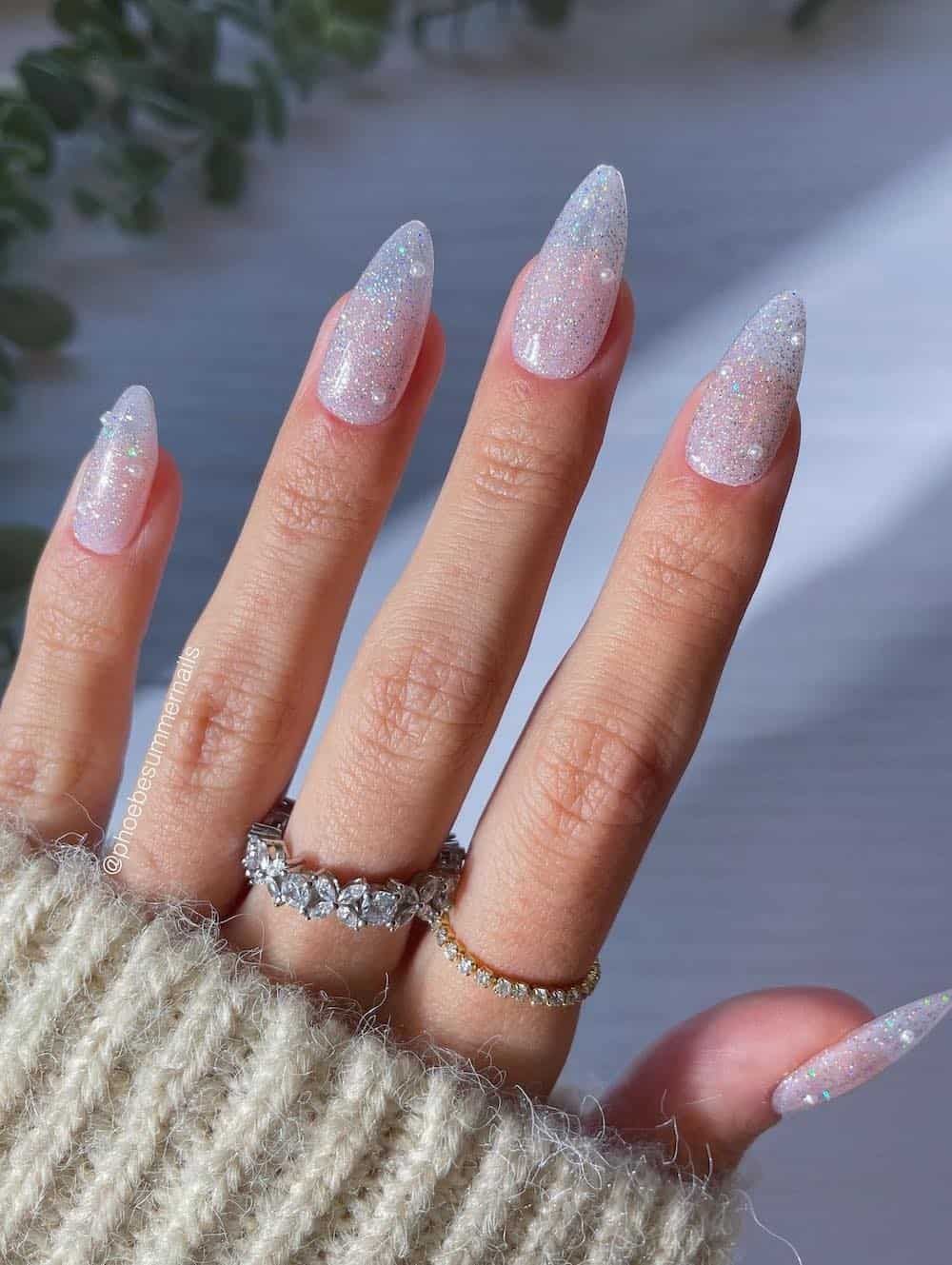 Iridescent Glitter Gem Stilettos Iridescent Glitter Gem Stilettos — Winter Acrylic Nails