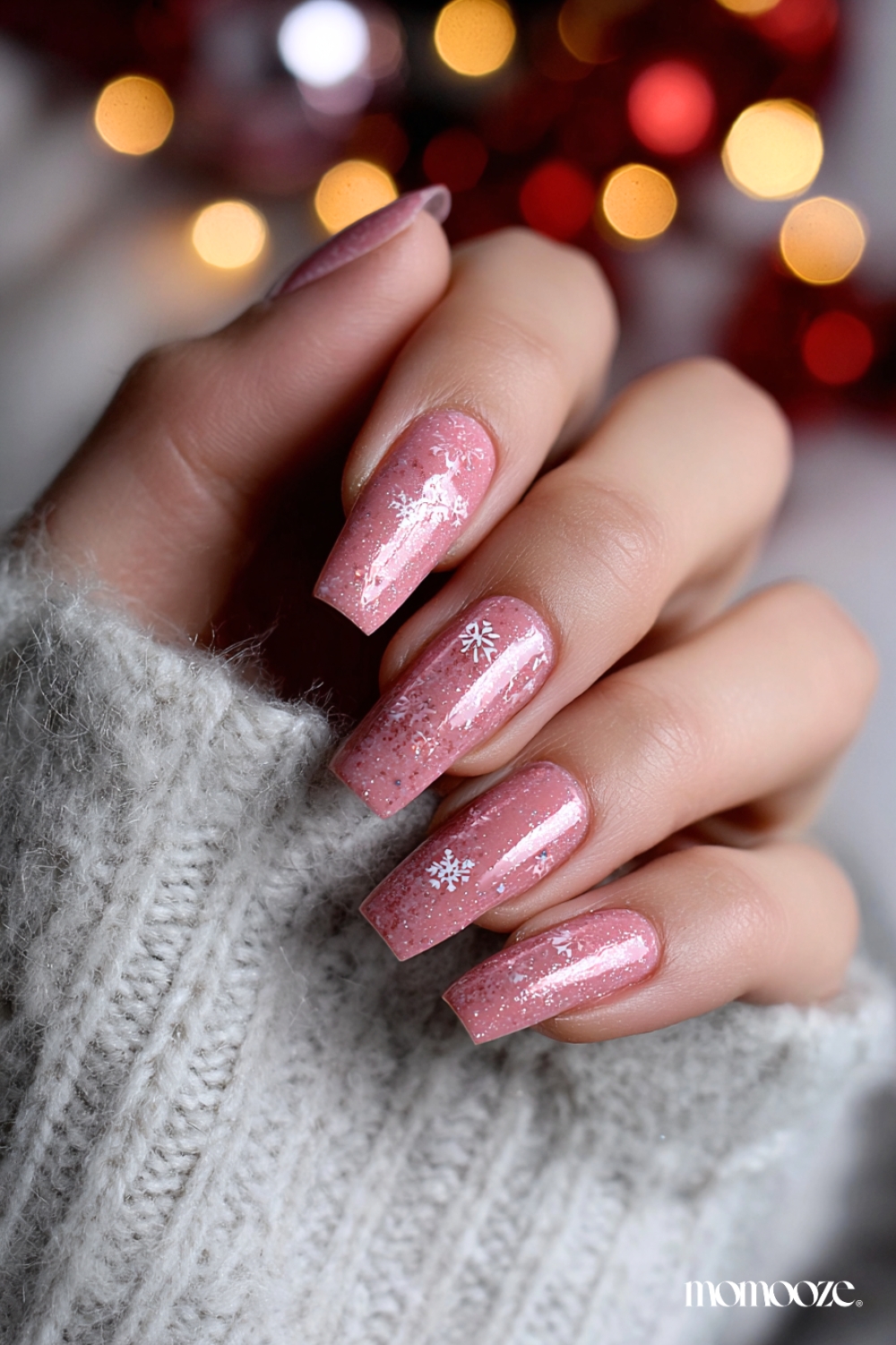 Glossy With Fine Glitter Dusty Rose Glitter Coffin Nails with Snowflakes Glossy With Fine Glitter Dusty Rose Glitter Coffin Nails with Snowflakes — Winter Pink Nails