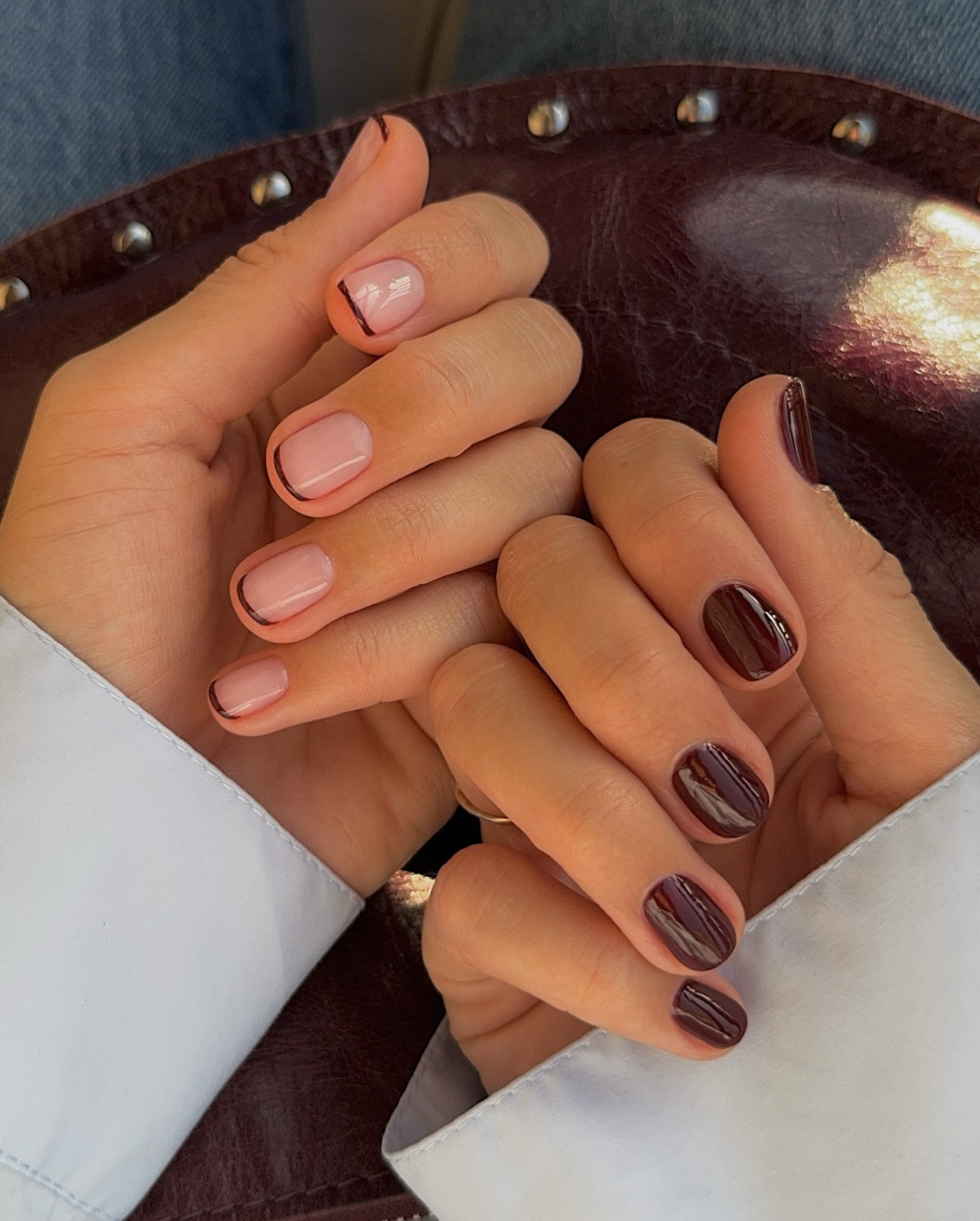 Minimalist Short Oval Nails with Dark Brown Line Accents — Burgundy Nails