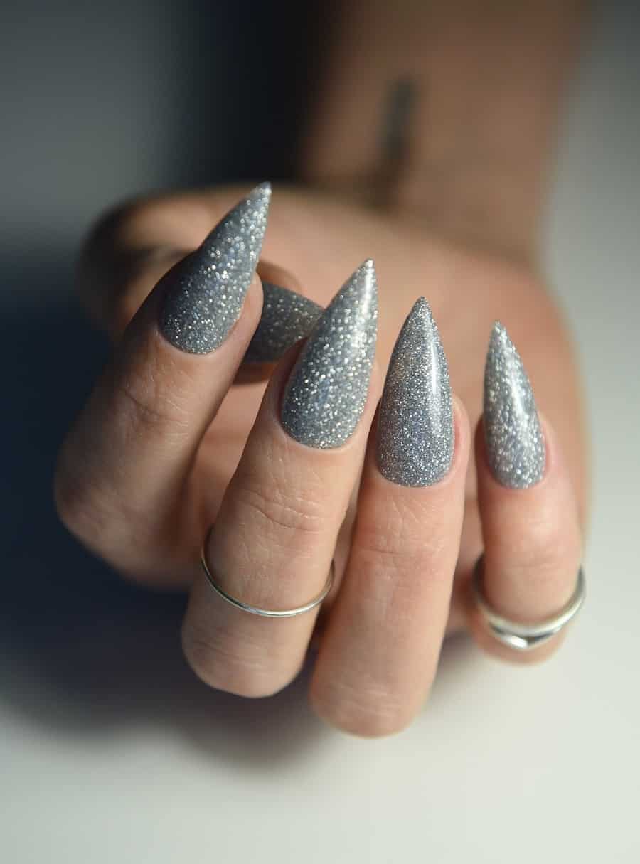 Grey Silver Glitter Stilettos Grey Silver Glitter Stilettos — Winter Stiletto Nails