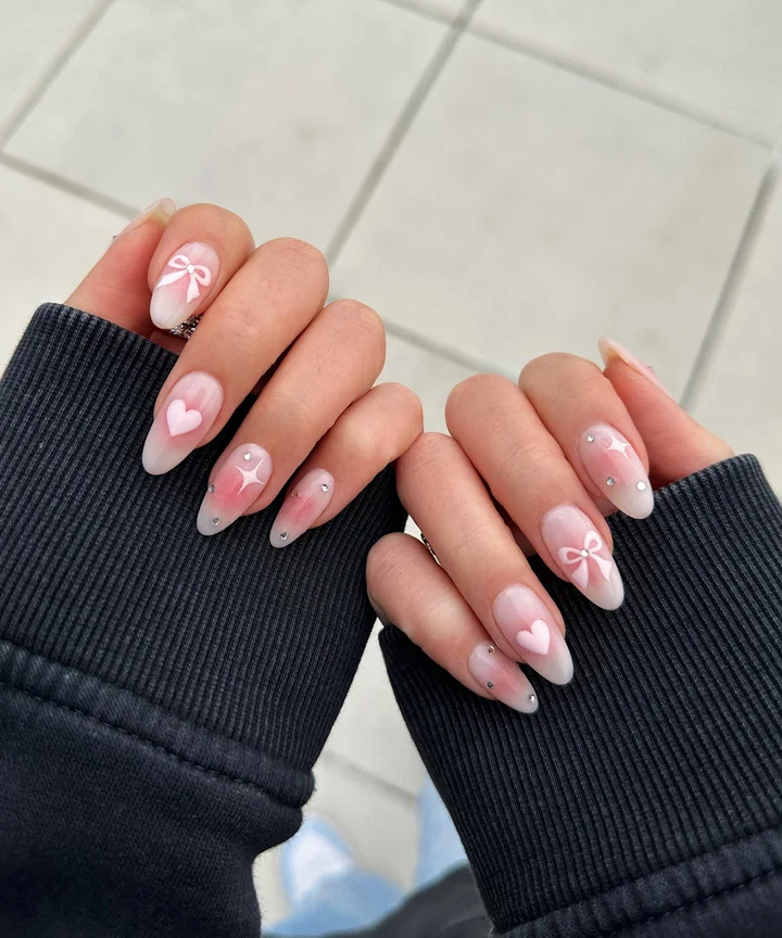 Pink White Gradient Bow Heart Almond Nails Pink White Gradient Bow Heart Almond Nails — Medium Length Winter Nails