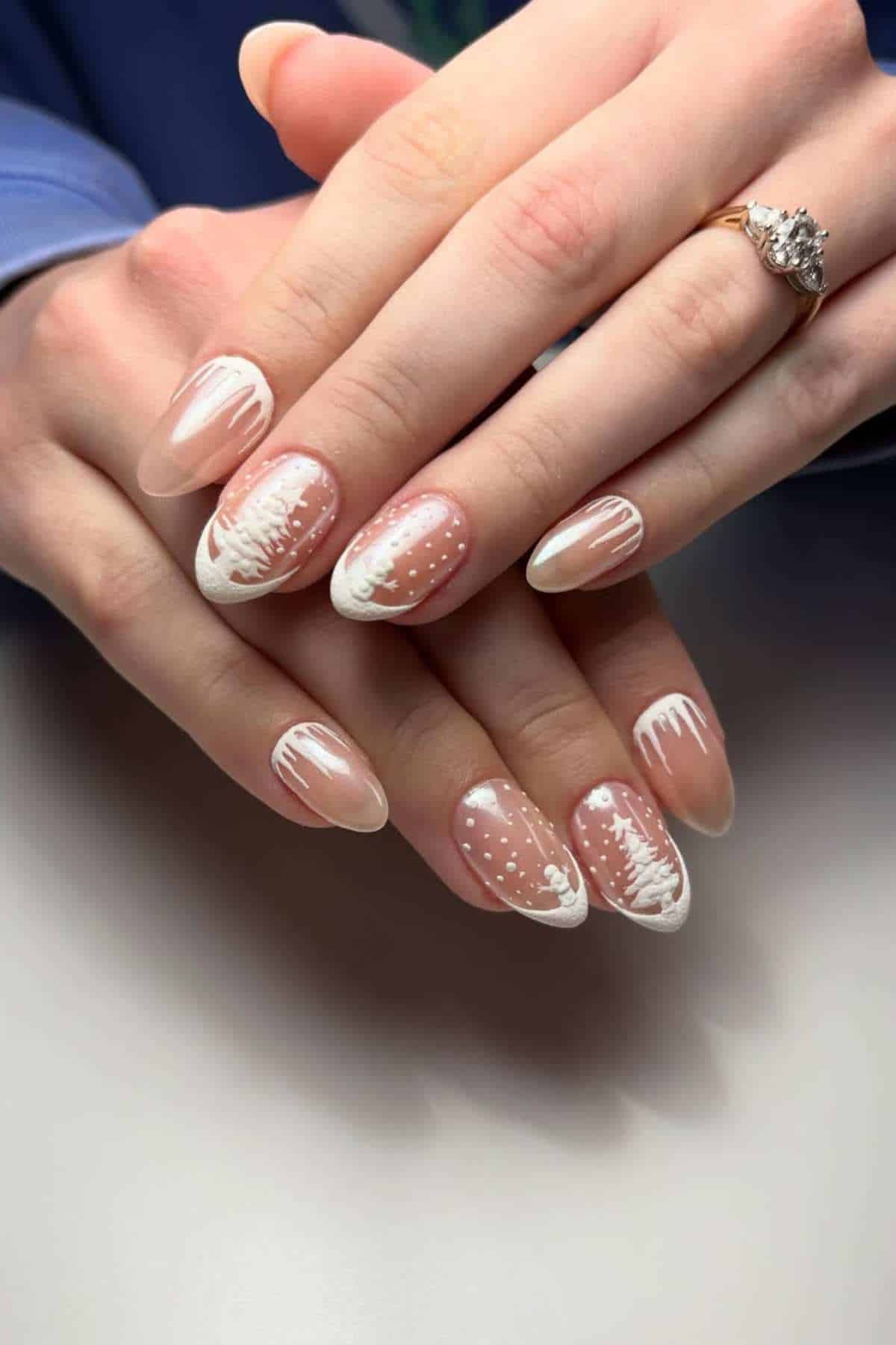 Sheer Nude with Winter Forest Scene Art Sheer Nude with Winter Forest Scene Art — Winter Nail Designs
