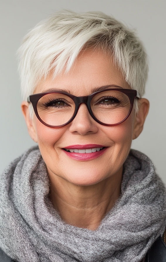 White Pixie with Textured Side Fringe — Winter Haircuts for Women Over 60
