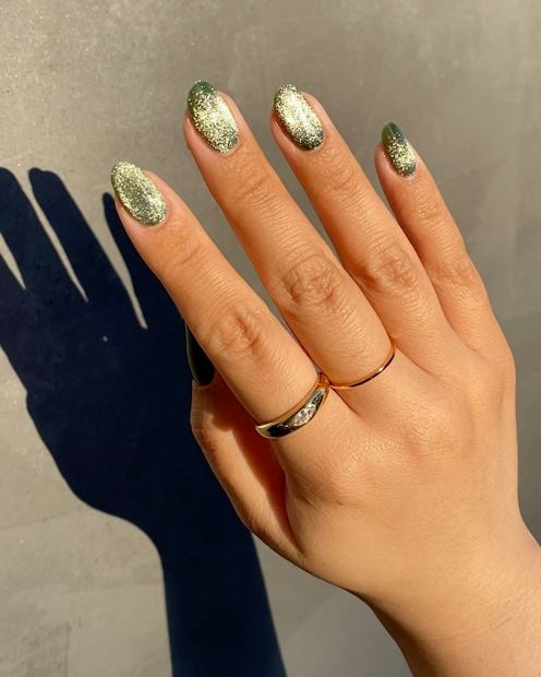 Light Olive Green Gold Glitter Nails — Velvet Nails