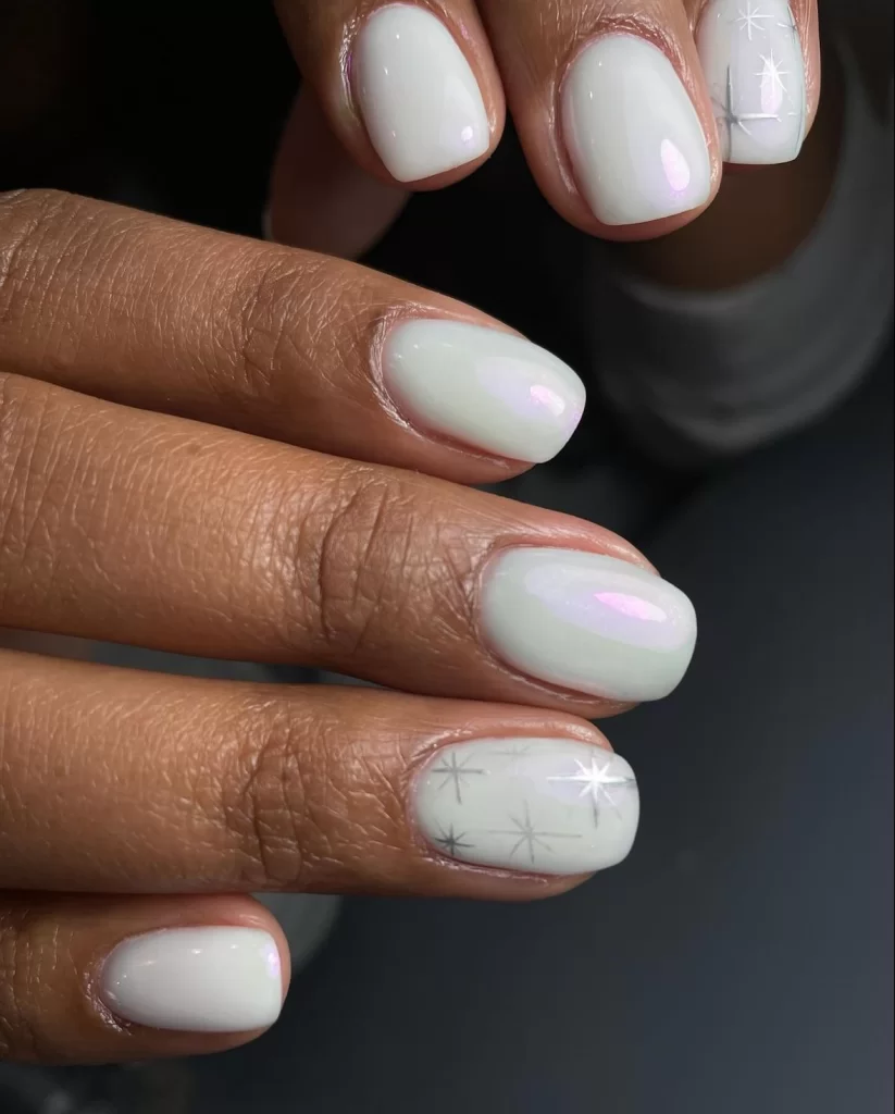Milky White Nails with Iridescent Starbursts — Winter White Nails