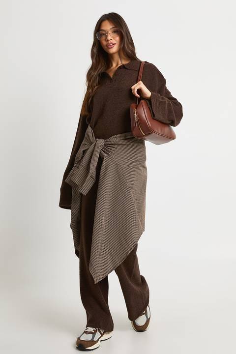 Relaxed Comfort: Chocolate Brown Knit Set with Wrap Skirt Detail — Chocolate Brown Outfits