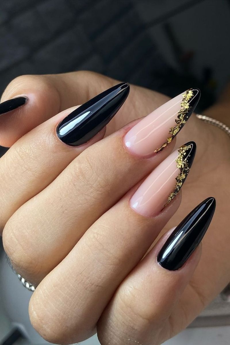 Nude Black Gold Foil Stilettos Nude Black Gold Foil Stilettos — Winter Stiletto Nails