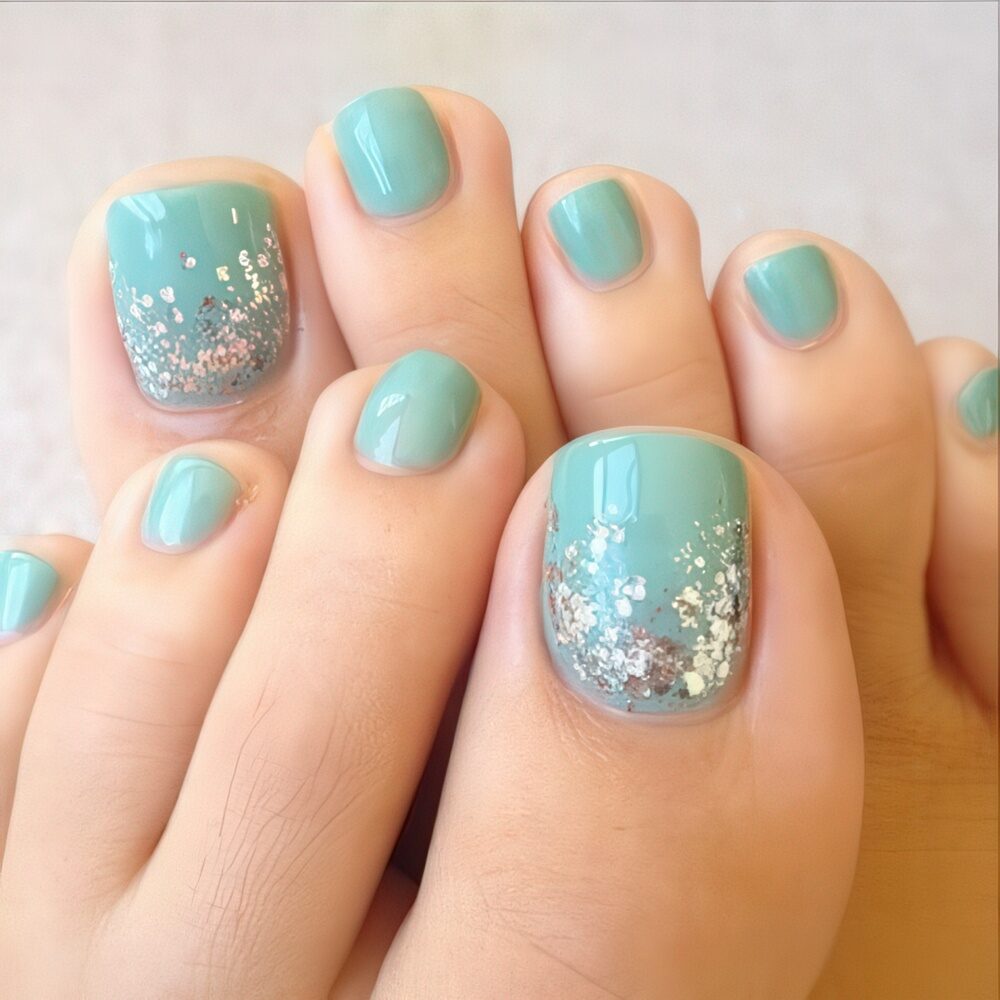 Glossy Teal with Subtle Glitter Glossy Teal with Subtle Glitter — Winter Toe Nails