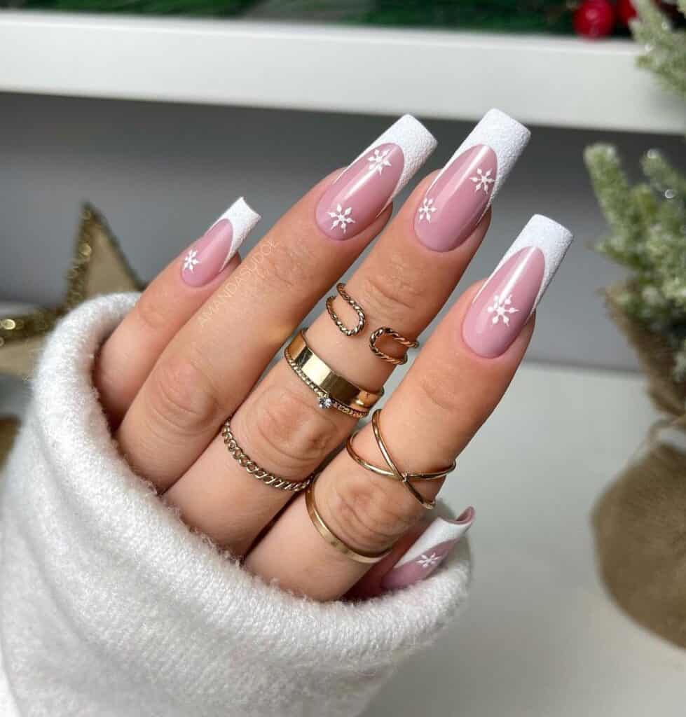 Matte Pink Snowflake French Coffin Nails Matte Pink Snowflake French Coffin Nails — Winter French Tip Nails