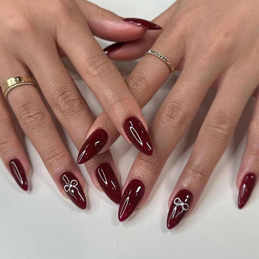 Charming Burgundy Stilettos with White Bow Accent — Burgundy Nails