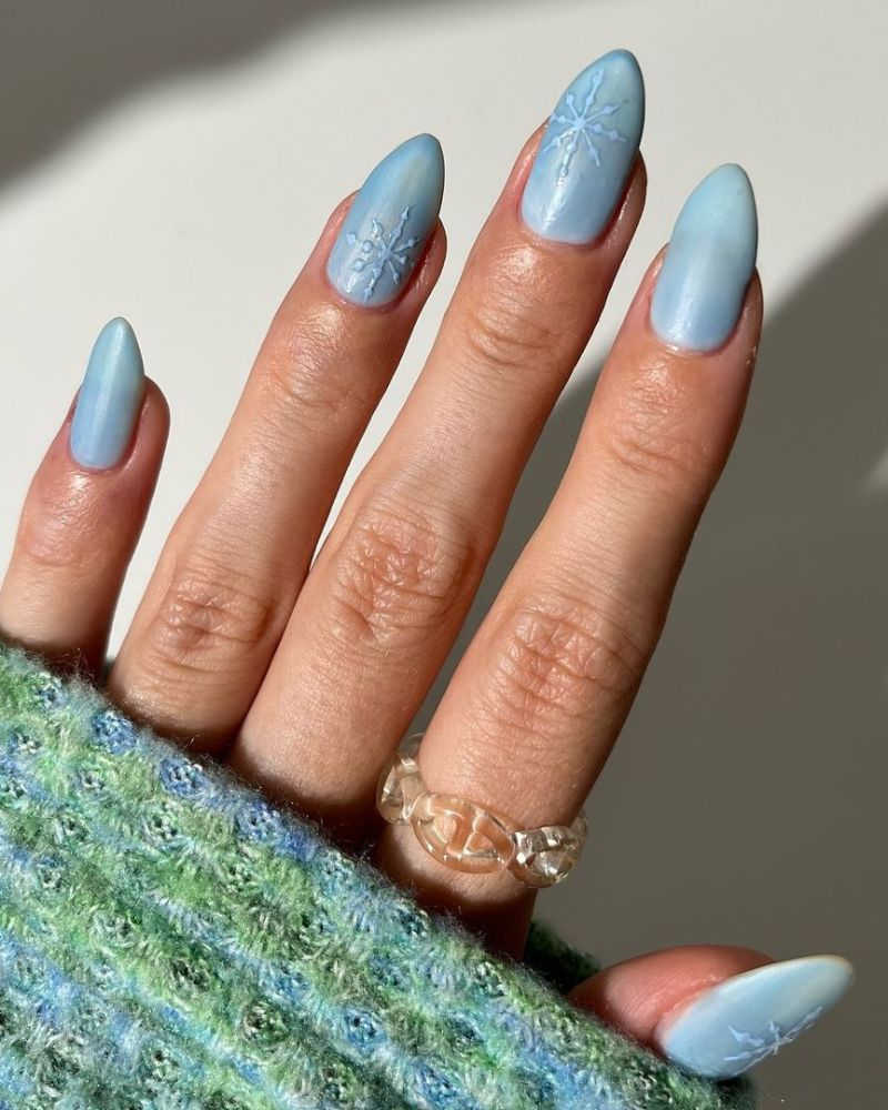 Matte Blue with Raised Snowflake Motifs — Icy Blue Nails