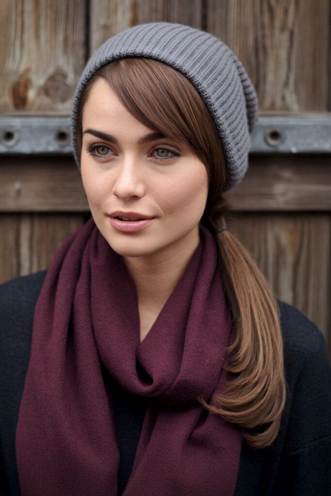 Medium Brown Ponytail with Beanie Medium Brown Ponytail with Beanie — Winter Hairstyles with Scarf