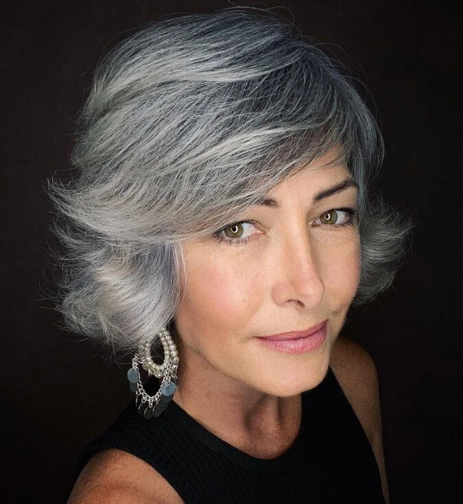 Layered Bob Side Swept Bangs — Gray Blending Highlights