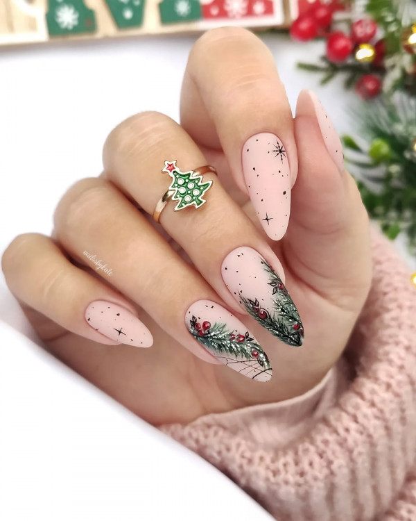Matte Nude Speckled Almond Nails With Pine Branches — Winter Almond Nails