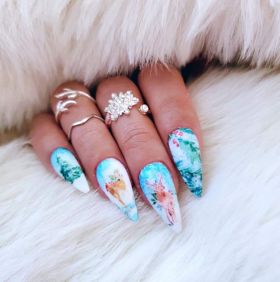 Hand-Painted Winter Scene Stiletto Nails — Winter Wonderland Nails