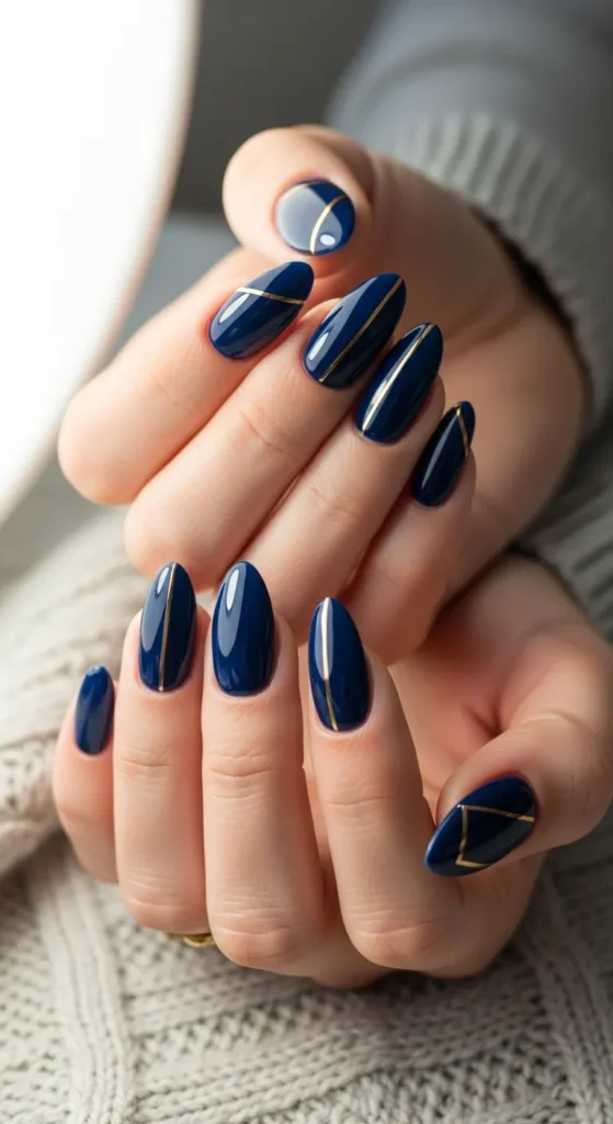 Medium Almond Gold Line Navy — Navy Blue Nails