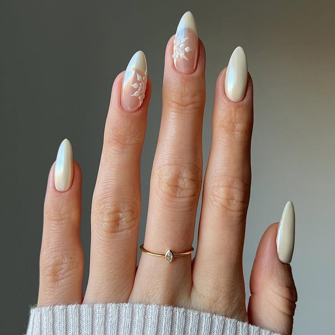 Delicate Snowflake Pearly Cream Almonds — Cute Winter Nails