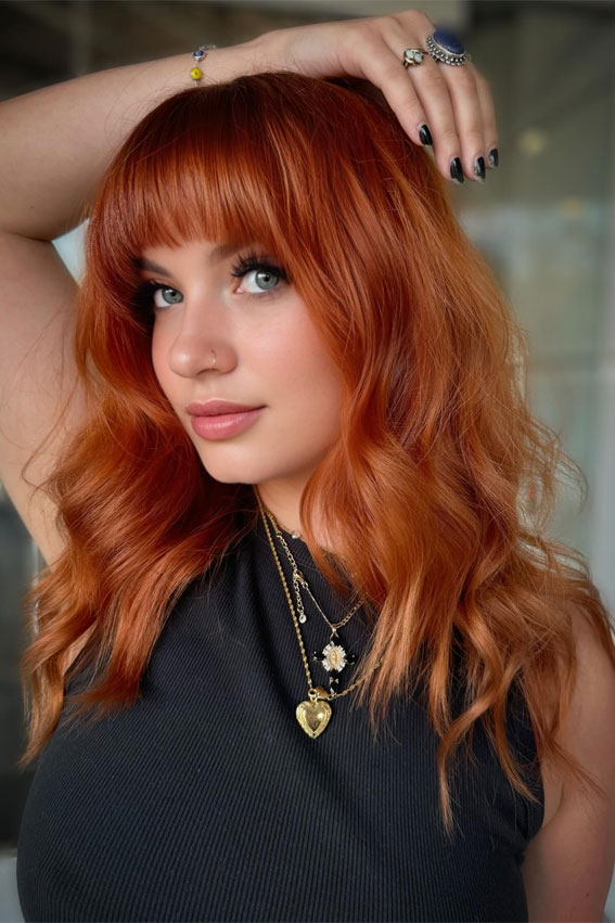 Fiery Copper Shag With Full Bangs — Winter Copper Hair Color