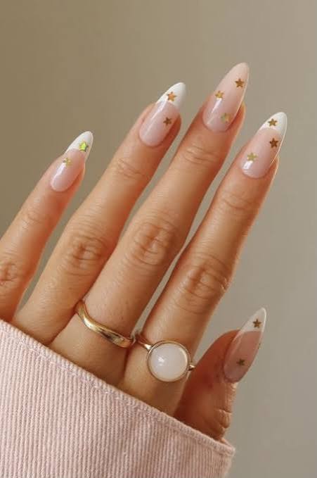 Long Stiletto Nude French Gold Stars Long Stiletto Nude French Gold Stars — Simple Winter Nails