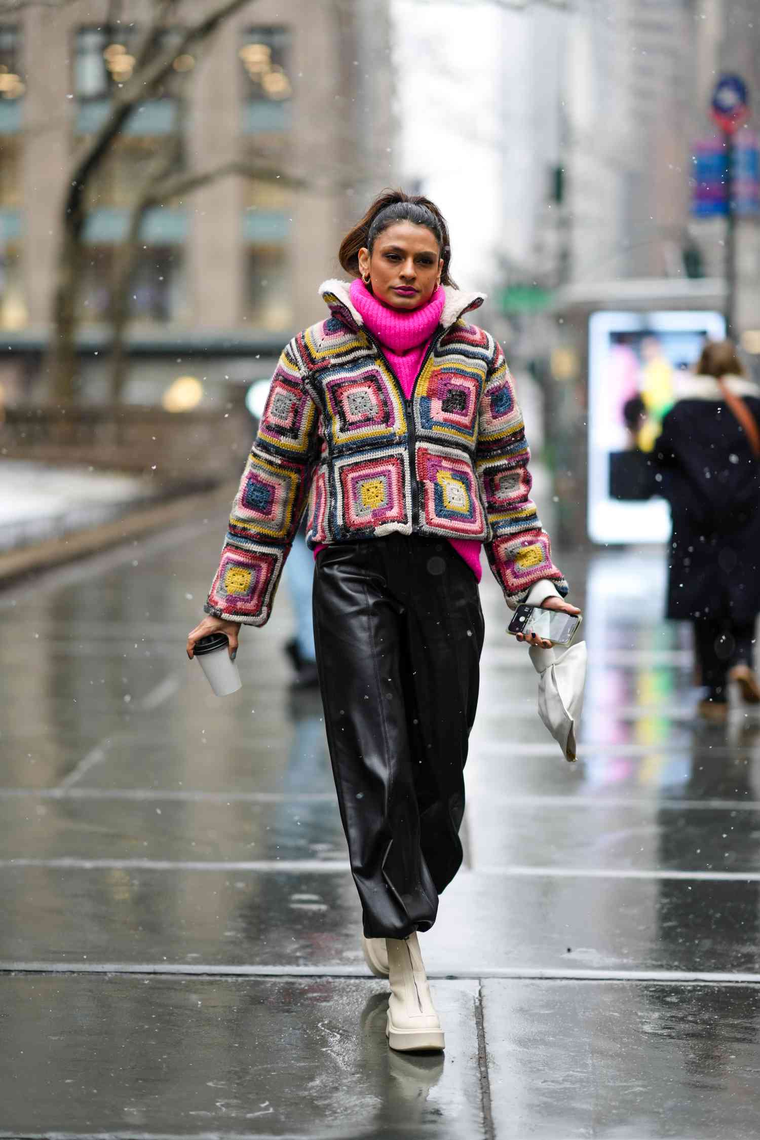Vibrant Multicolor Crochet Jacket with Leather Pants Vibrant Multicolor Crochet Jacket with Leather Pants — Snow Day Outfits