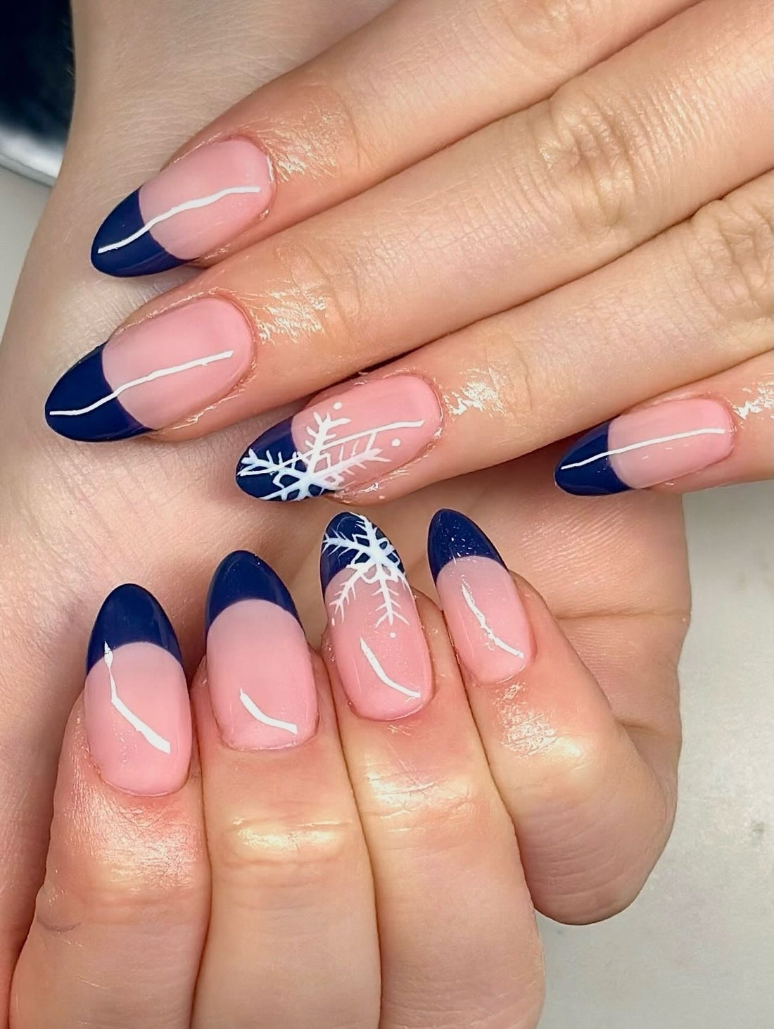 Navy French Almond Nails With White Snowflakes — Winter Almond Nails