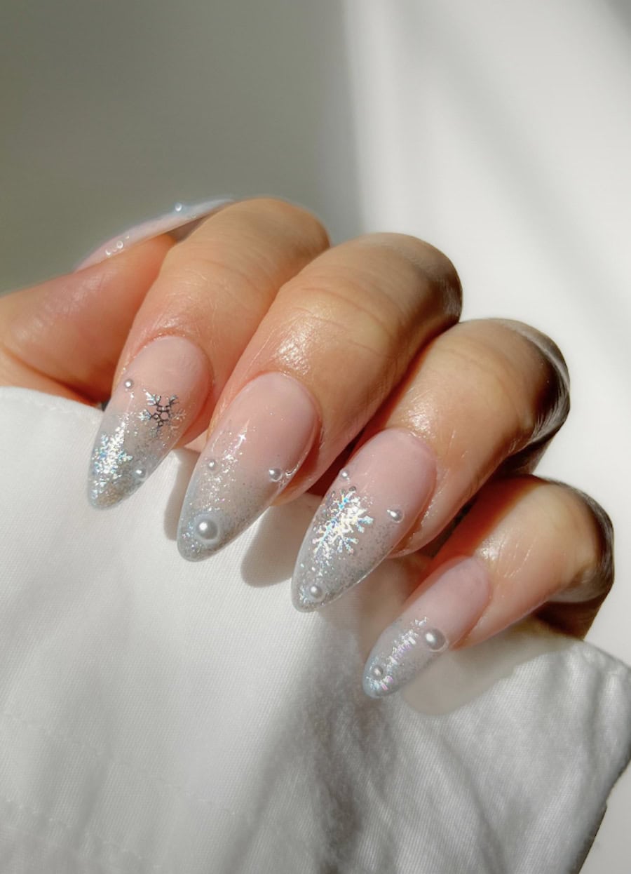 Pink Silver Snowflake Pearl Stilettos Pink Silver Snowflake Pearl Stilettos — Winter Ombre Nails