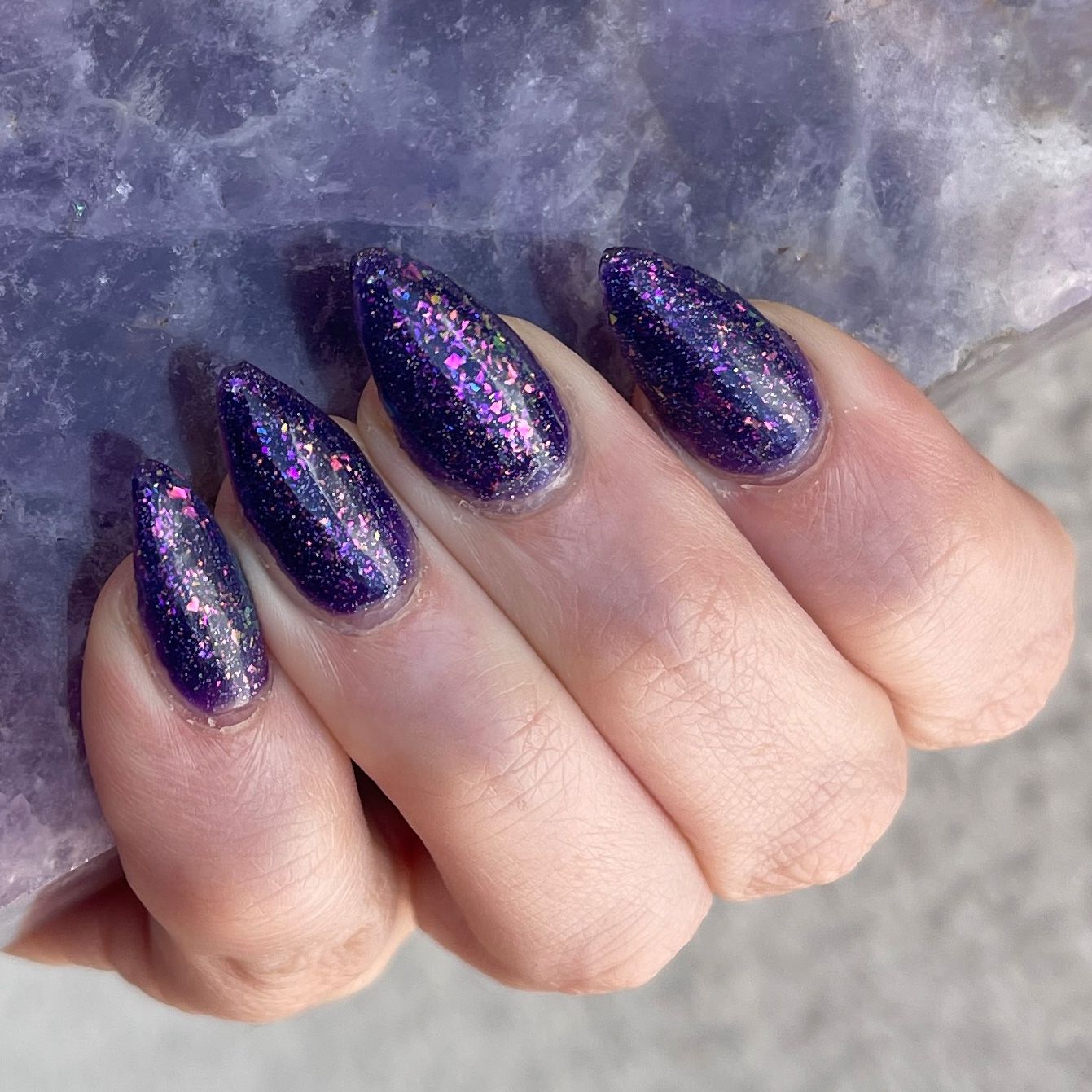 Glossy With Dense Glitter And Foil Medium Almond Vibrant Purple Glitter Foil Glossy With Dense Glitter And Foil Medium Almond Vibrant Purple Glitter Foil — Winter Purple Nails