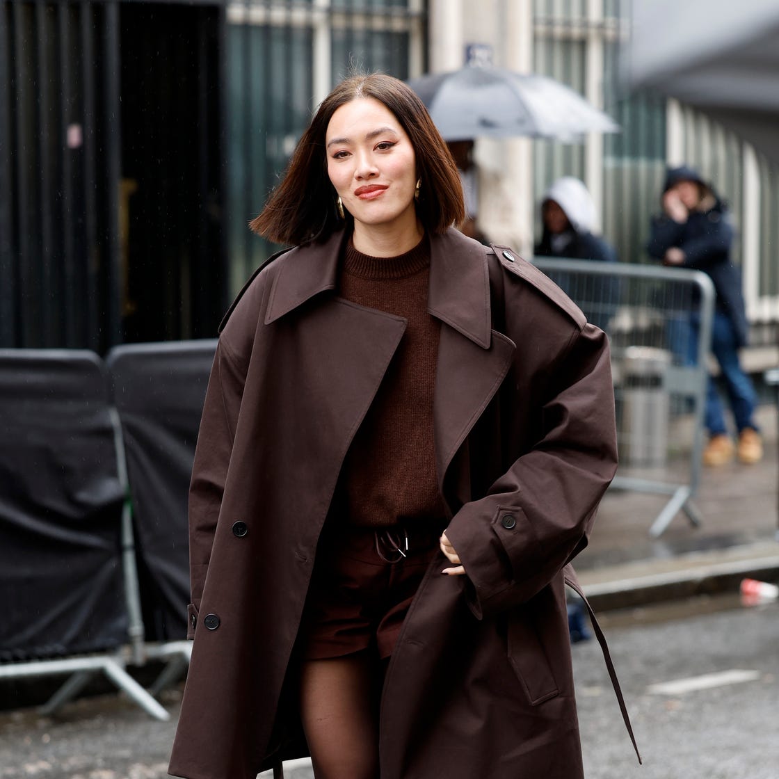Dark Brown Trench Coat with Knit Sweater and Shorts — Brown Coat Outfits