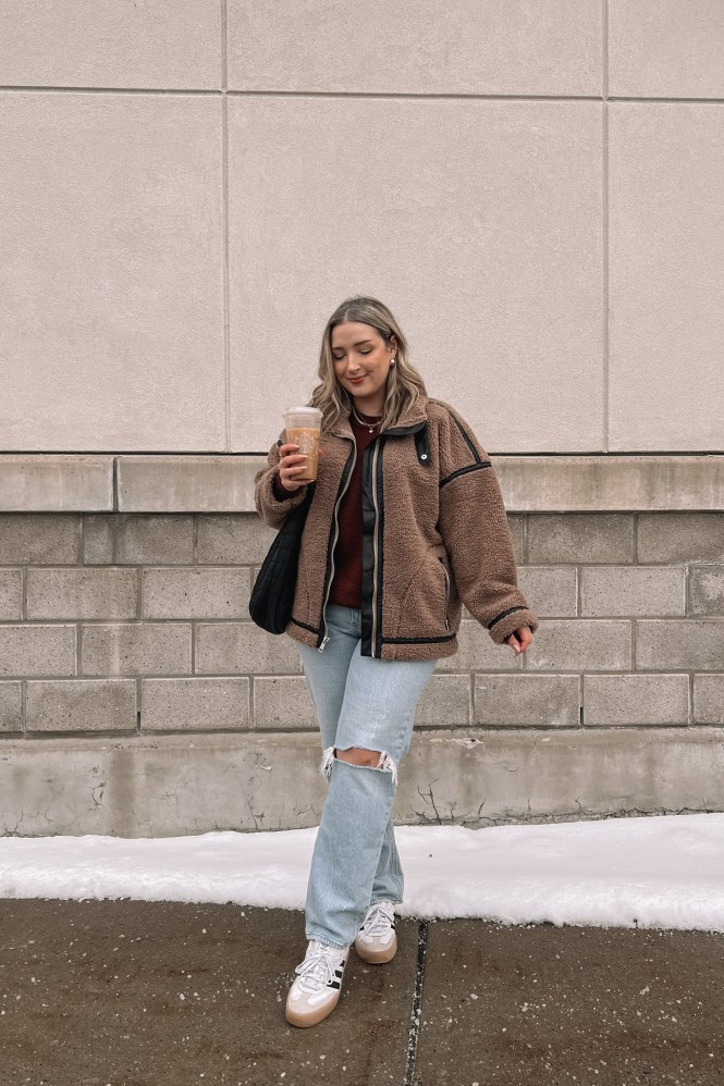 Brown Teddy Fleece Jacket with Maroon Top and Ripped Jeans Brown Teddy Fleece Jacket with Maroon Top and Ripped Jeans — January Outfits